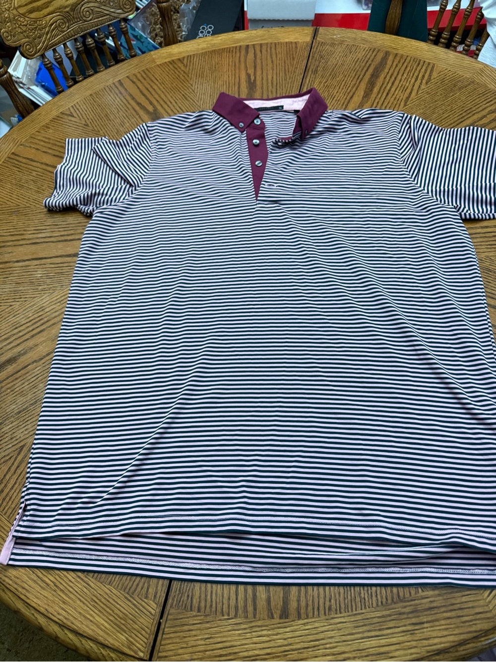 Greyson Men's Maroon and White Striped Polo with Burgundy Collar